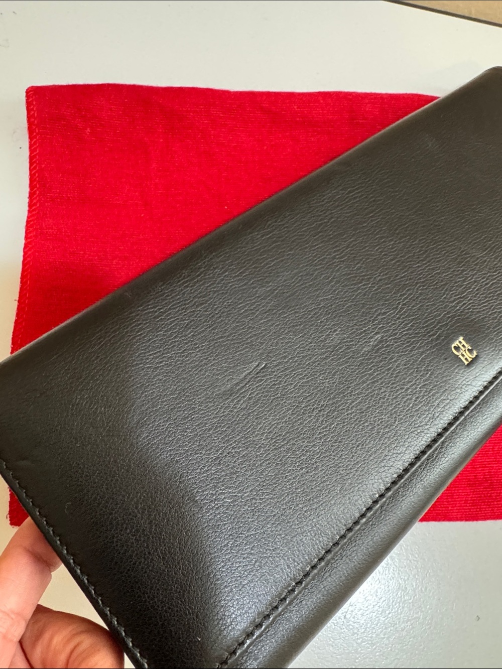 Carolina Herrera Black Leather Envelope Clutch with Gold CH Accent - Picture 14 of 16